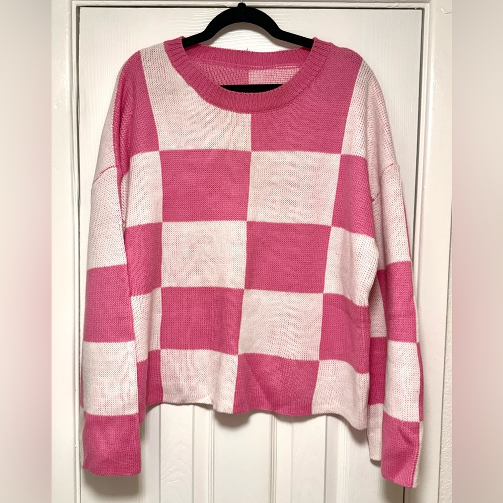 Pink and White Checkered Sweater